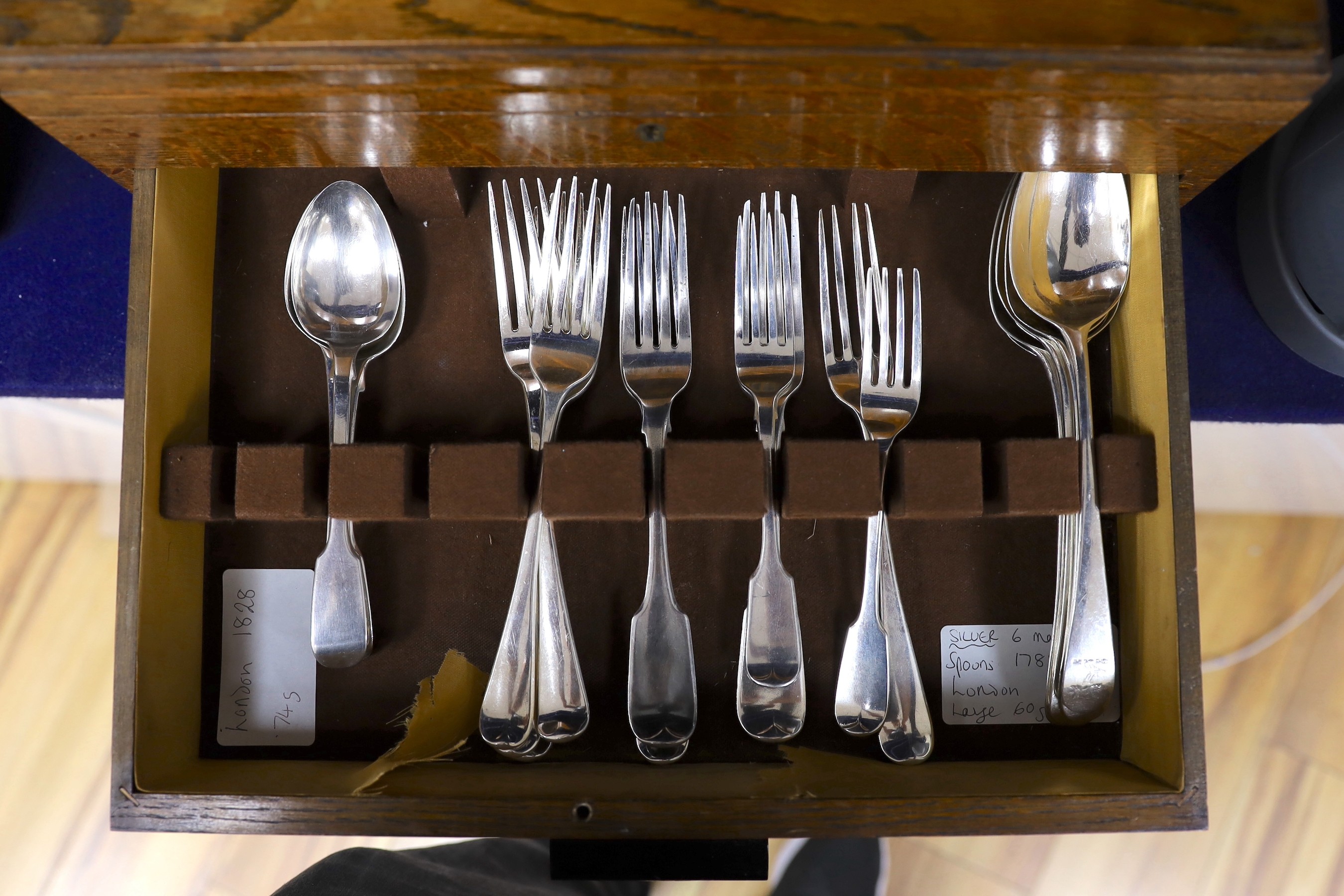 A part canteen of mainly 19th century silver cutlery, comprising thirty nine items, various patterns, dates and makers, including a set of six George III silver Old English pattern tablespoons, by George Smith III, Londo